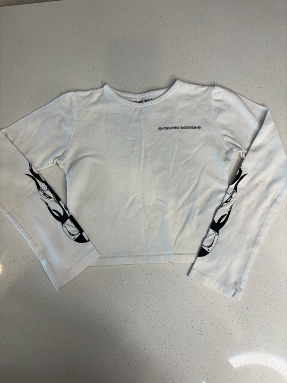 Chrome Hearts White Long Sleeve Crop Top with Black Flame Sleeves